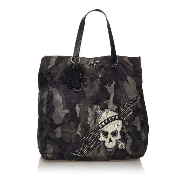 プラダ ポコノ カモフラ スタッズ  スカル ブラック カーキ グリーン ナイロン レザー トートバッグ メンズ PRADA 【中古】