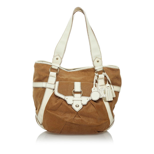 セリーヌ ブギーバッグ ハンドバッグ ブラウン ホワイト キャンバス レザー レディース CELINE 【中古】