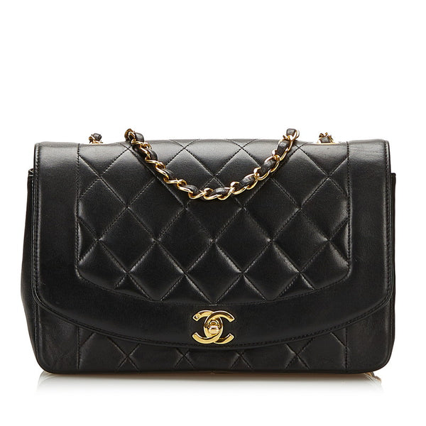シャネル マトラッセ ダイアナ チェーン ショルダーバッグ ブラック ラムスキン レディース CHANEL 【中古】
