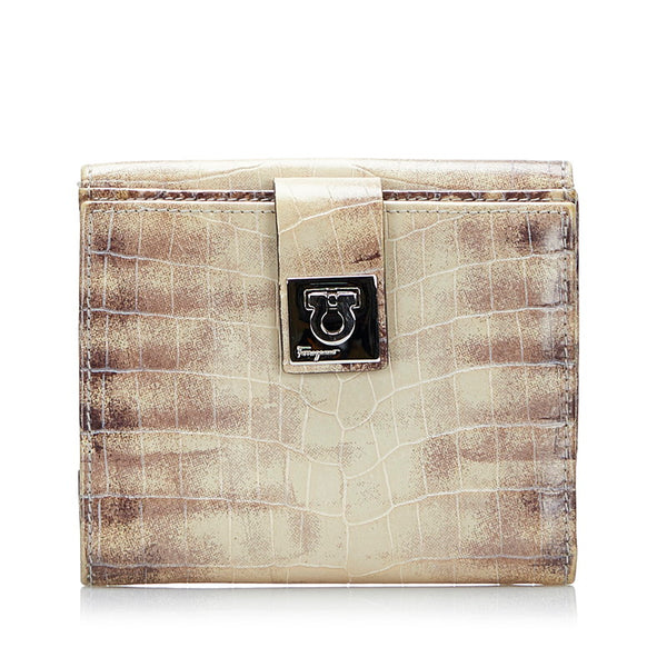 サルヴァトーレフェラガモ ガンチーニ クロコ型押し 二つ折り財布 コンパクトウォレット ホワイト グレー レザー レディース Salvatore Ferragamo 【中古】