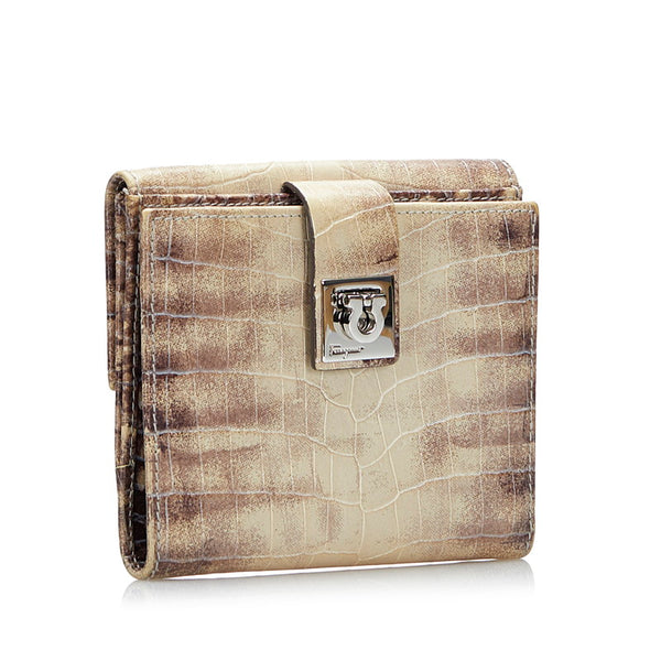 サルヴァトーレフェラガモ ガンチーニ クロコ型押し 二つ折り財布 コンパクトウォレット ホワイト グレー レザー レディース Salvatore Ferragamo 【中古】