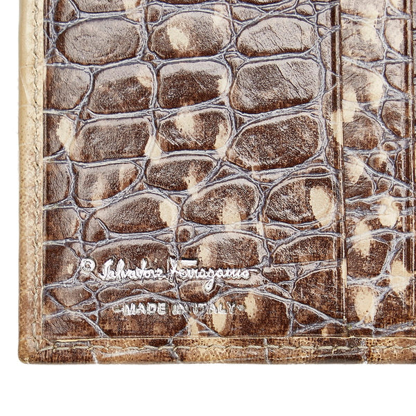 サルヴァトーレフェラガモ ガンチーニ クロコ型押し 二つ折り財布 コンパクトウォレット ホワイト グレー レザー レディース Salvatore Ferragamo 【中古】