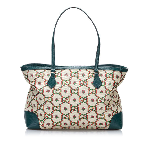 グッチ オフィディア フラワージャガード トートバッグ 676681 グリーン キャンバス レザー レディース GUCCI 【中古】