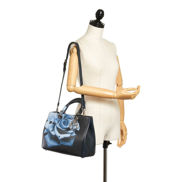 クリスチャンディオール ディオリッシモ バラ柄 ハンドバッグ ショルダーバッグ 2WAY ブラック ブルー レザー レディース Christian Dior 【中古】
