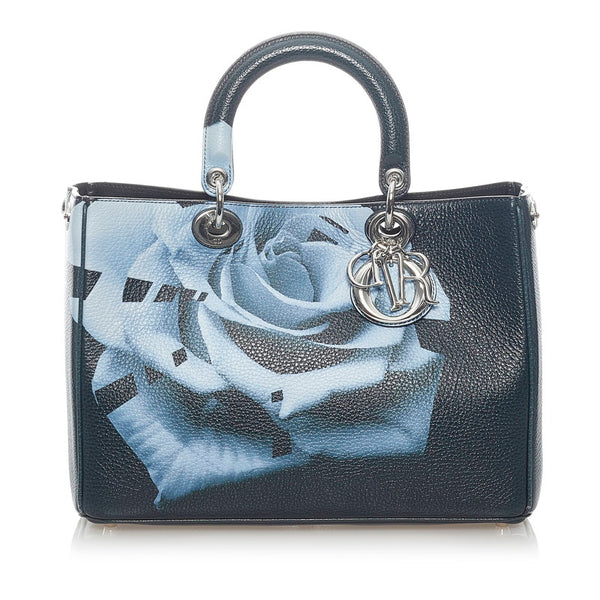 クリスチャンディオール ディオリッシモ バラ柄 ハンドバッグ ショルダーバッグ 2WAY ブラック ブルー レザー レディース Christian Dior 【中古】