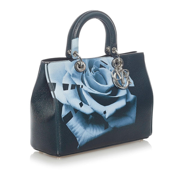 クリスチャンディオール ディオリッシモ バラ柄 ハンドバッグ ショルダーバッグ 2WAY ブラック ブルー レザー レディース Christian Dior 【中古】