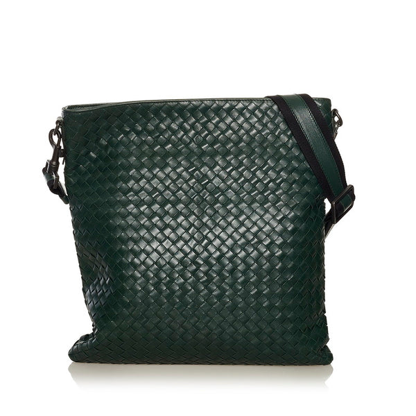 ボッテガヴェネタ イントレチャート 斜め掛け ショルダーバッグ グリーン レザー キャンバス レディース BOTTEGAVENETA 【中古】