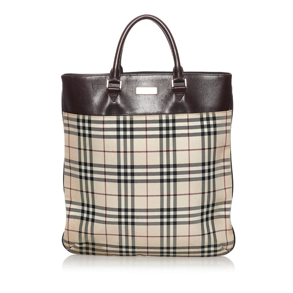 バーバリー ノバチェック ハンドバッグ トートバッグ ベージュ ブラウン キャンバス レザー レディース BURBERRY 【中古】