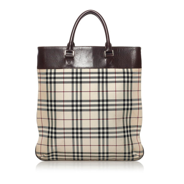 バーバリー ノバチェック ハンドバッグ トートバッグ ベージュ ブラウン キャンバス レザー レディース BURBERRY 【中古】
