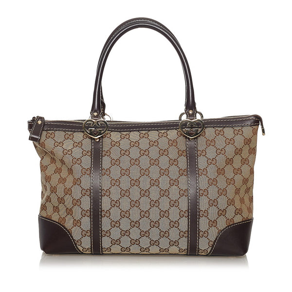 グッチ GGキャンバス ラブリートート ハンドバッグ 257069 ブラウン ベージュ キャンバス レザー レディース GUCCI 【中古】