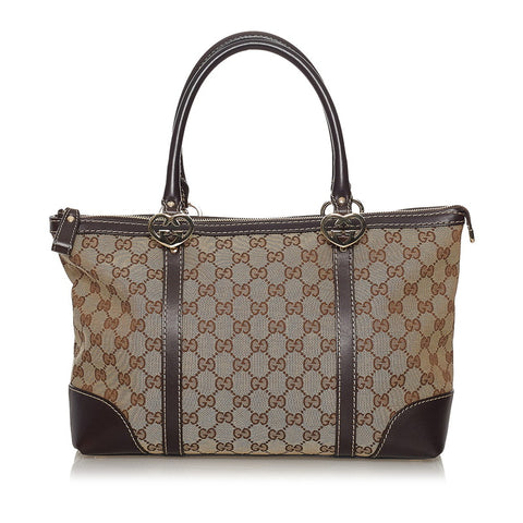 グッチ GGキャンバス ラブリートート ハンドバッグ 257069 ブラウン ベージュ キャンバス レザー レディース GUCCI 【中古】