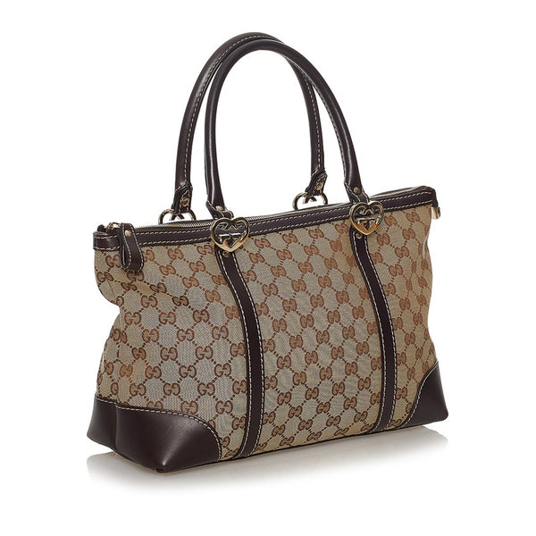 グッチ GGキャンバス ラブリートート ハンドバッグ 257069 ブラウン ベージュ キャンバス レザー レディース GUCCI 【中古】