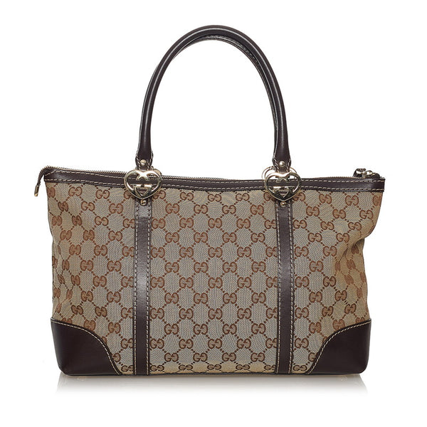 グッチ GGキャンバス ラブリートート ハンドバッグ 257069 ブラウン ベージュ キャンバス レザー レディース GUCCI 【中古】