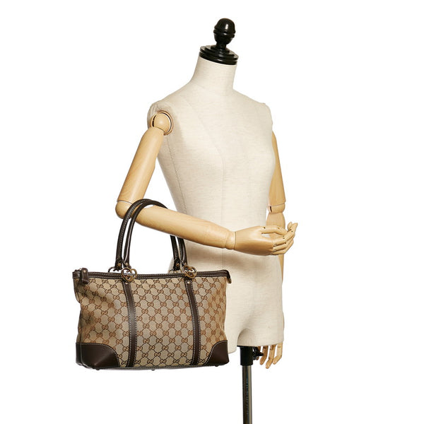 グッチ GGキャンバス ラブリートート ハンドバッグ 257069 ブラウン ベージュ キャンバス レザー レディース GUCCI 【中古】