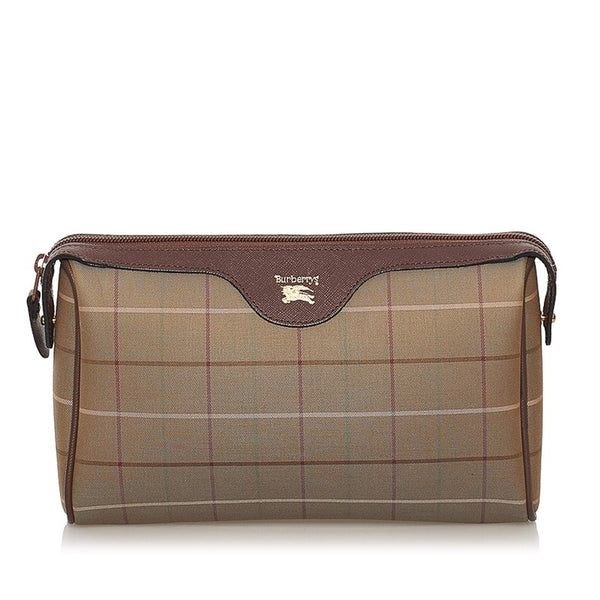 バーバリー チェック クラッチバッグ セカンドバッグ カーキ ブラウン キャンバス レザー レディース BURBERRY 【中古】