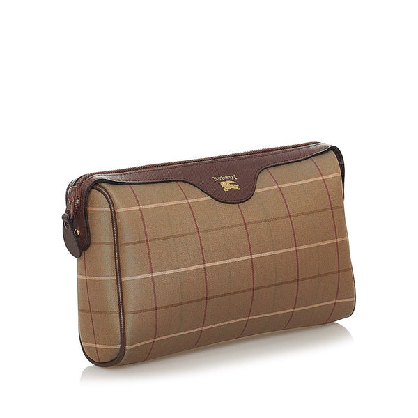 バーバリー チェック クラッチバッグ セカンドバッグ カーキ ブラウン キャンバス レザー レディース BURBERRY 【中古】