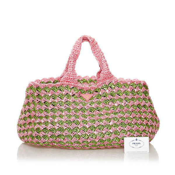 プラダ カナパ ハンドバッグ BN2302 ピンク グリーン ラフィア レディース PRADA 【中古】