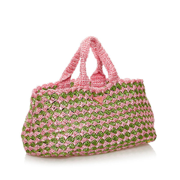 プラダ カナパ ハンドバッグ BN2302 ピンク グリーン ラフィア レディース PRADA 【中古】