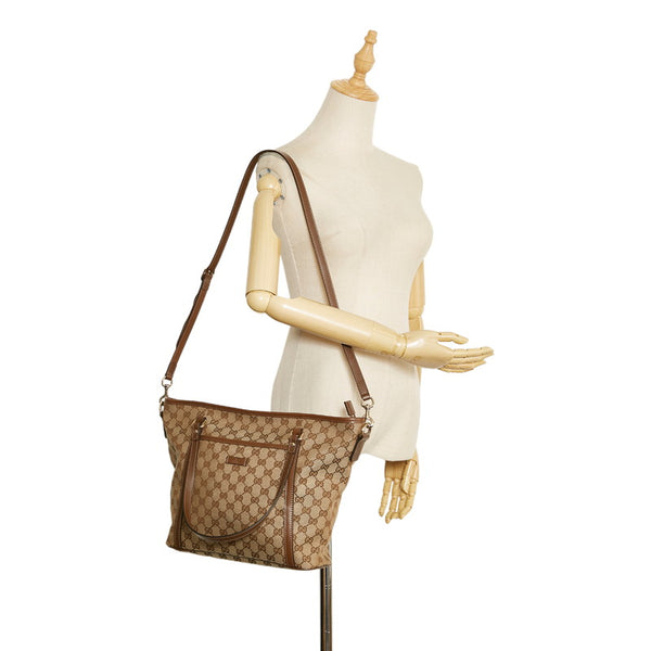 グッチ GGキャンバス トートバッグ ショルダーバッグ 2WAY 388929 ベージュ ブラウン キャンバス レザー レディース GUCCI 【中古】