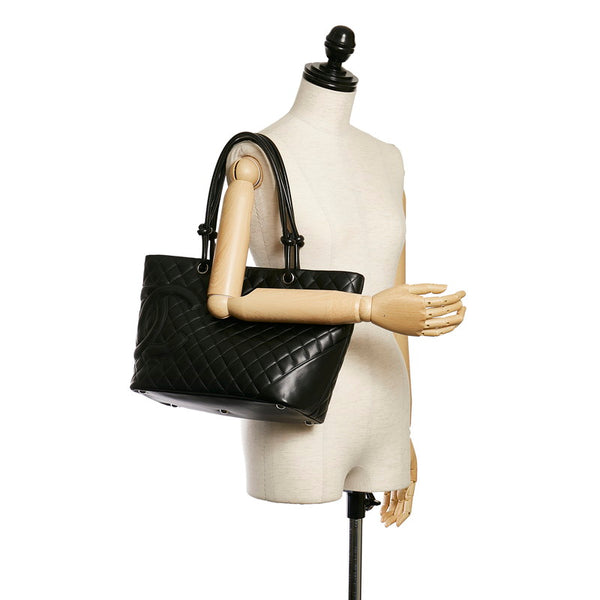 シャネル カンボンライン ラージ トートバッグ ブラック ラムスキン レディース CHANEL 【中古】