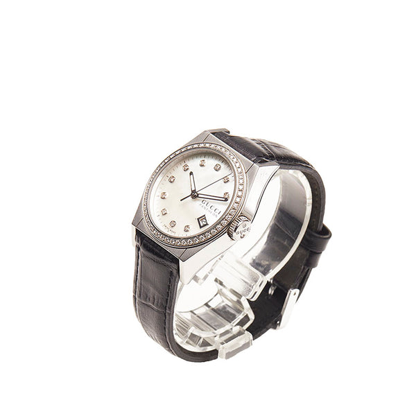 グッチ パンテオン 腕時計 115.4 クオーツ シェル文字盤文字盤 ステンレススチール レザー メンズ GUCCI 【中古】