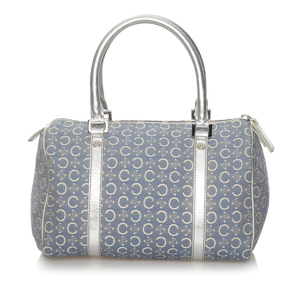 セリーヌ Cマカダム ハンドバッグ ブルー シルバー キャンバス レザー レディース CELINE 【中古】