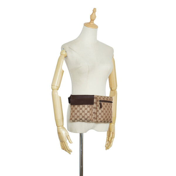 グッチ GGキャンバス ボディバッグ ウエストバッグ 28566 ベージュ ブラウン キャンバス レザー レディース GUCCI 【中古】