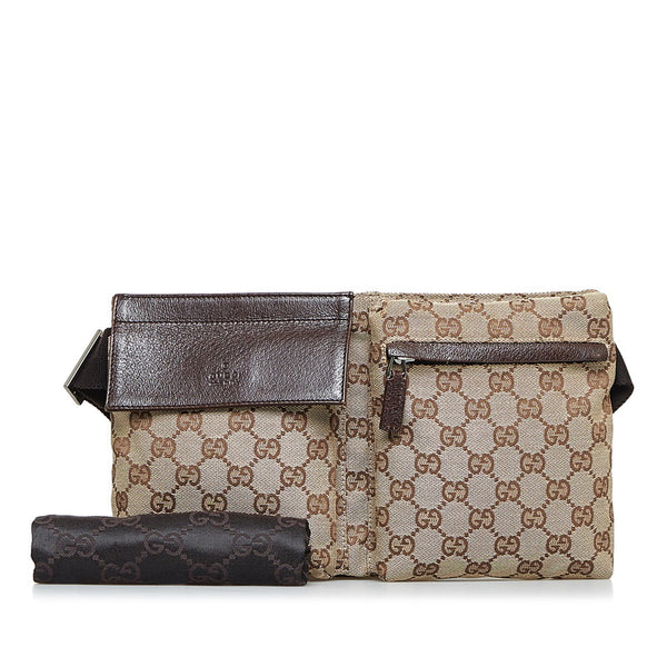 グッチ GGキャンバス ボディバッグ ウエストバッグ 28566 ベージュ ブラウン キャンバス レザー レディース GUCCI 【中古】