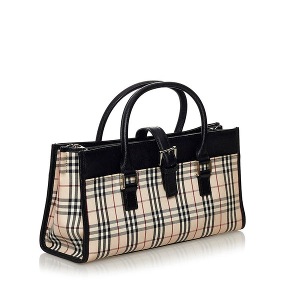 バーバリー ノバチェック ハンドバッグ ベージュ ブラック キャンバス レザー レディース BURBERRY 【中古】