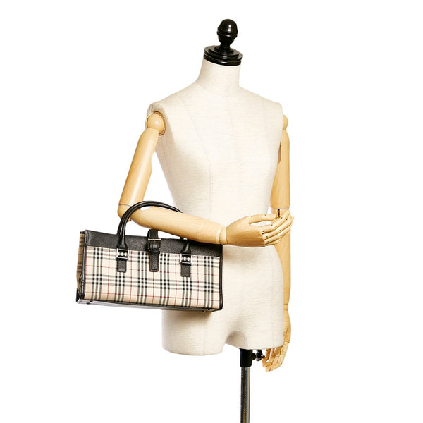 バーバリー ノバチェック ハンドバッグ ベージュ ブラック キャンバス レザー レディース BURBERRY 【中古】