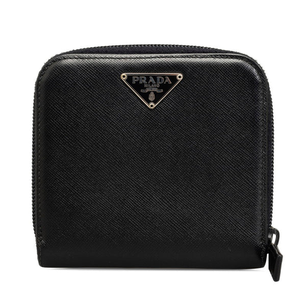 プラダ 三角ロゴプレート サフィアーノ 二つ折り財布 M170 ブラック レザー レディース PRADA 【中古】