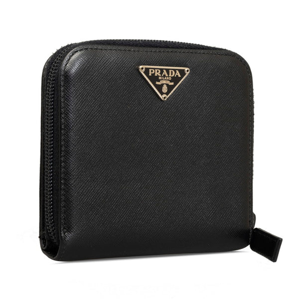プラダ 三角ロゴプレート サフィアーノ 二つ折り財布 M170 ブラック レザー レディース PRADA 【中古】