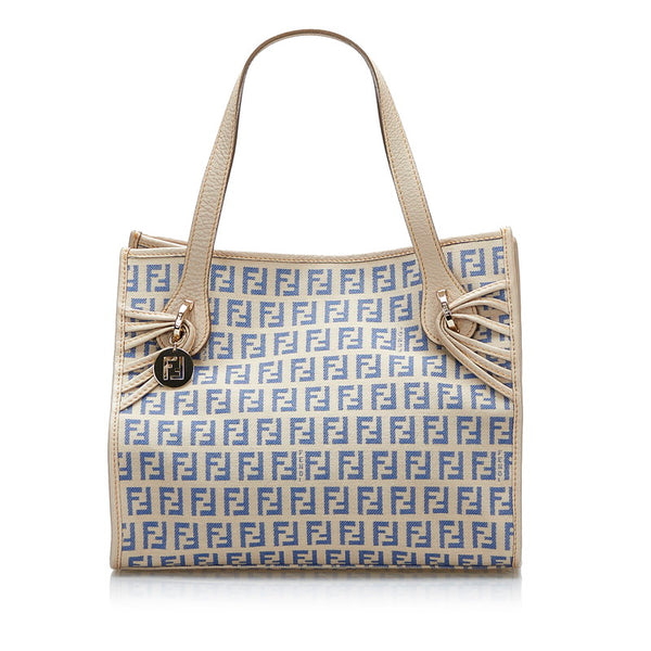 フェンディ ズッキーノ ハンドバッグ 8BH152 ベージュ ブルー キャンバス レザー レディース FENDI 【中古】