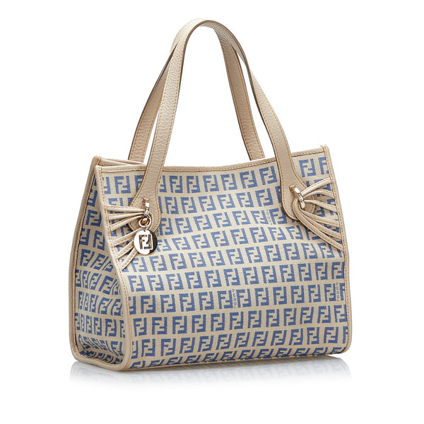 フェンディ ズッキーノ ハンドバッグ 8BH152 ベージュ ブルー キャンバス レザー レディース FENDI 【中古】