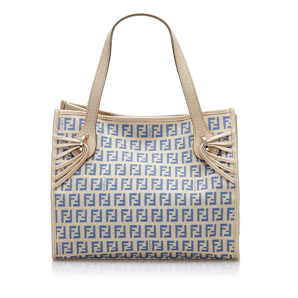 フェンディ ズッキーノ ハンドバッグ 8BH152 ベージュ ブルー キャンバス レザー レディース FENDI 【中古】