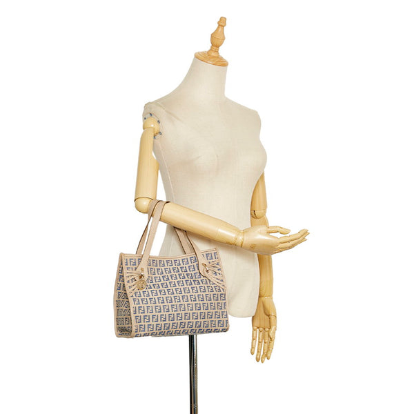 フェンディ ズッキーノ ハンドバッグ 8BH152 ベージュ ブルー キャンバス レザー レディース FENDI 【中古】