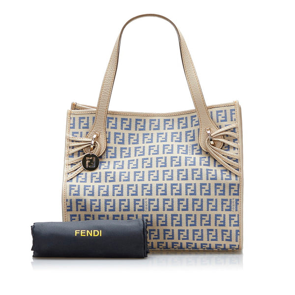 フェンディ ズッキーノ ハンドバッグ 8BH152 ベージュ ブルー キャンバス レザー レディース FENDI 【中古】