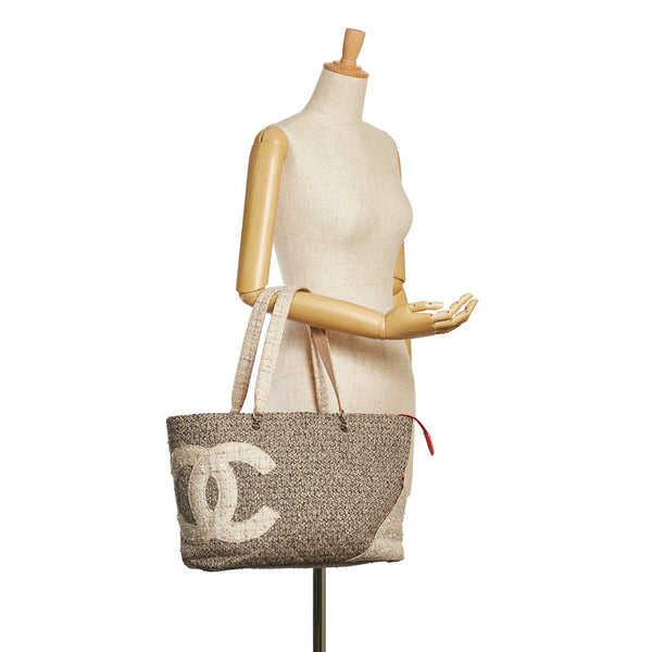 シャネル カンボンライン ココマーク ラージ トートバッグ グレー ツイード レザー レディース CHANEL 【中古】