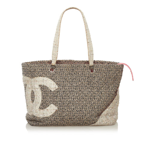 シャネル カンボンライン ココマーク ラージ トートバッグ グレー ツイード レザー レディース CHANEL 【中古】