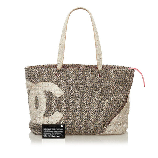 シャネル カンボンライン ココマーク ラージ トートバッグ グレー ツイード レザー レディース CHANEL 【中古】