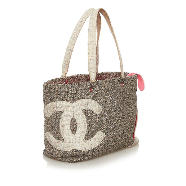 シャネル カンボンライン ココマーク ラージ トートバッグ グレー ツイード レザー レディース CHANEL 【中古】