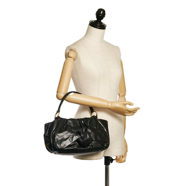 プラダ リボン ハンドバッグ ブラック レザー レディース PRADA 【中古】