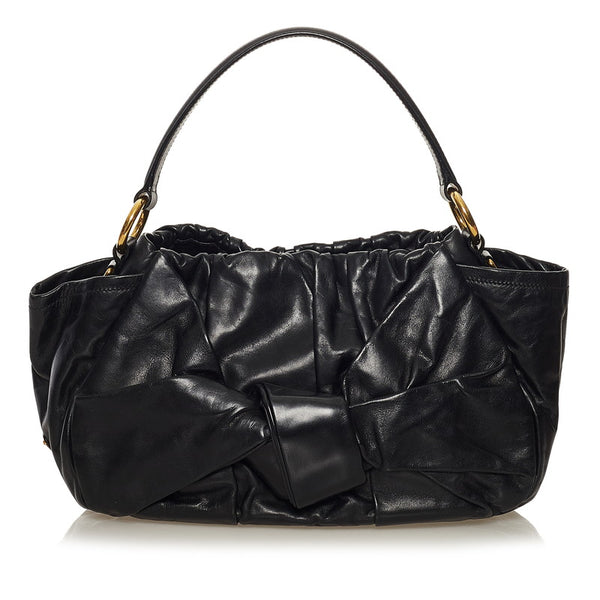 プラダ リボン ハンドバッグ ブラック レザー レディース PRADA 【中古】
