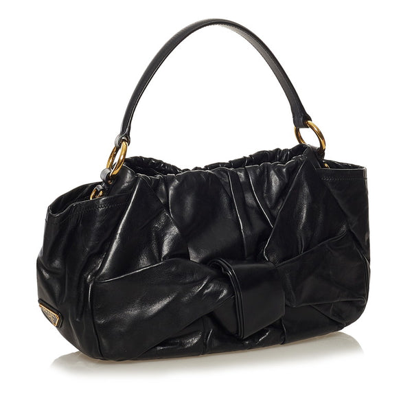 プラダ リボン ハンドバッグ ブラック レザー レディース PRADA 【中古】