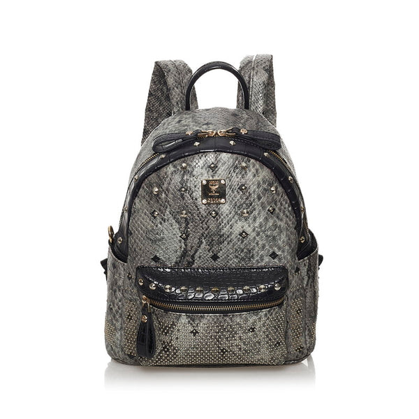 エム シー エム ヴィセトス スタッズ グレー ブラック レザー リュック バックパック レディース MCM 【中古】