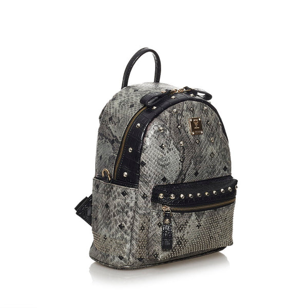 エム シー エム ヴィセトス スタッズ グレー ブラック レザー リュック バックパック レディース MCM 【中古】