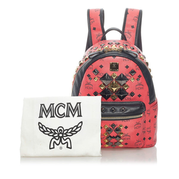 エム シー エム ヴィセトス ロゴグラム スタッズ リュック バックパック ピンク ブラック PVC レザー レディース MCM 【中古】