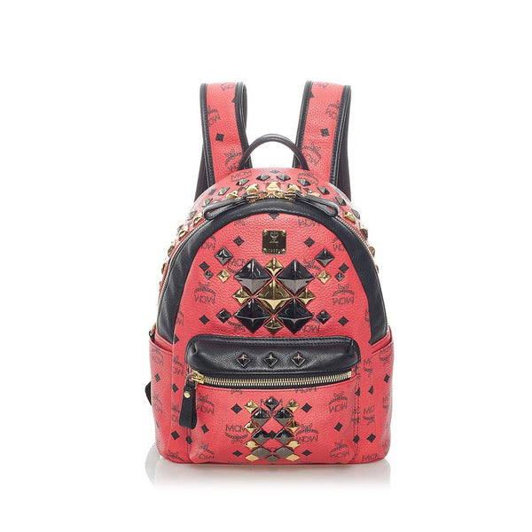 エム シー エム ヴィセトス ロゴグラム スタッズ リュック バックパック ピンク ブラック PVC レザー レディース MCM 【中古】