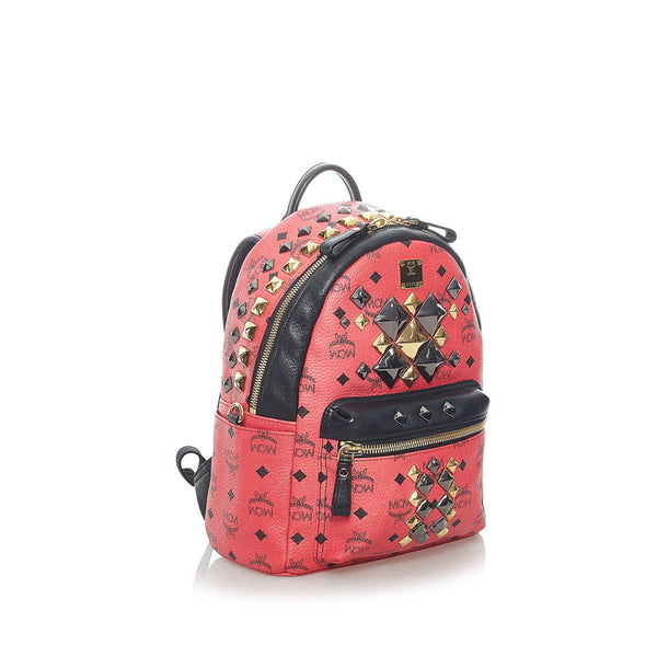 エム シー エム ヴィセトス ロゴグラム スタッズ リュック バックパック ピンク ブラック PVC レザー レディース MCM 【中古】