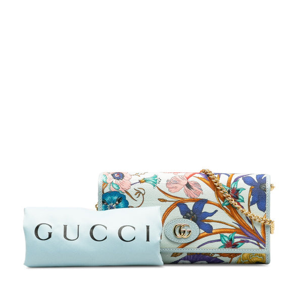 グッチ GGマーモント フローラプリント フラワー 花 チェーンショルダーウォレット 577343 ライトブルー マルチカラー キャンバス レザー レディース GUCCI 【中古】